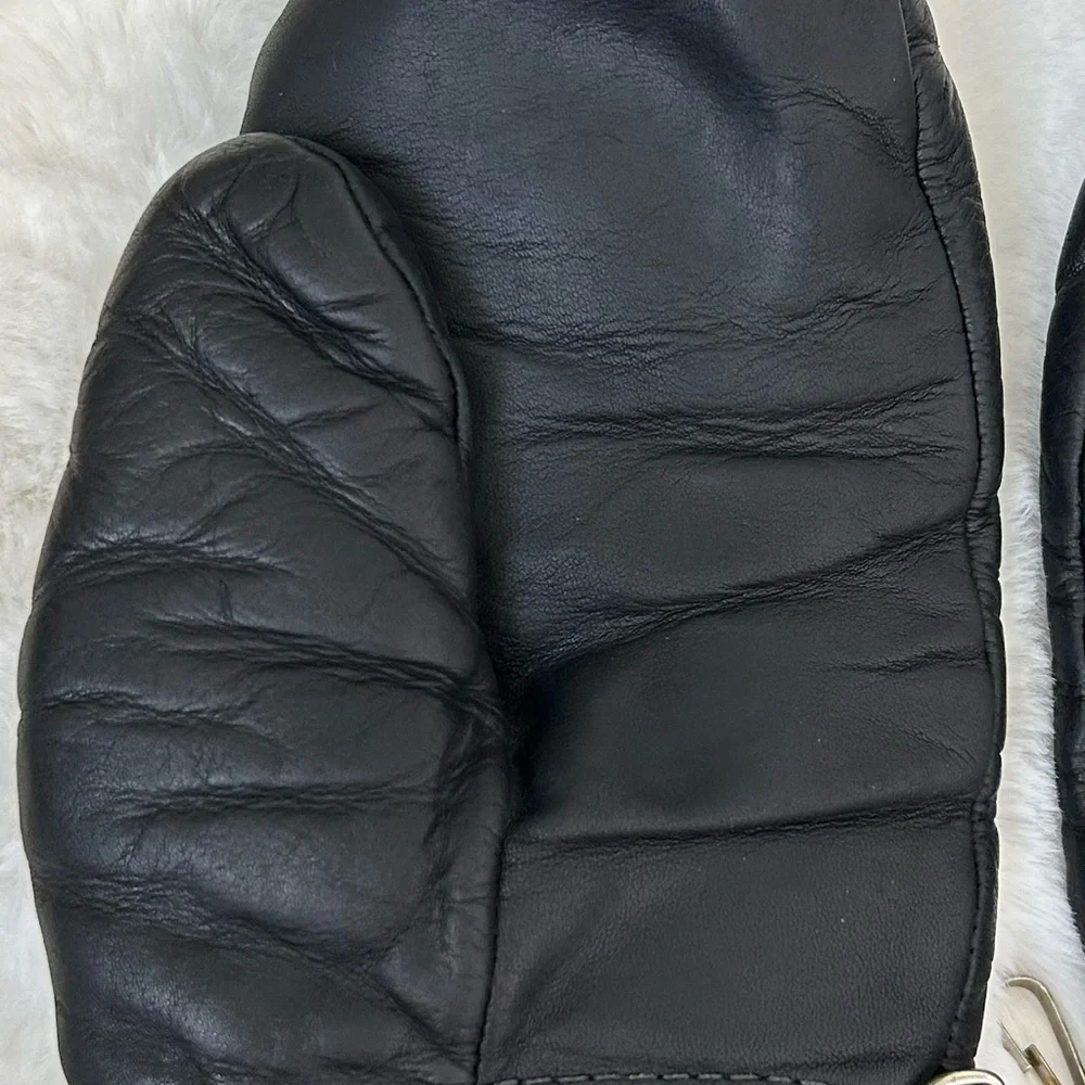 KOMBI Vintage Women’s Leather Mittens Black Faux Fur Cuff Lined S + BONUS Gloves